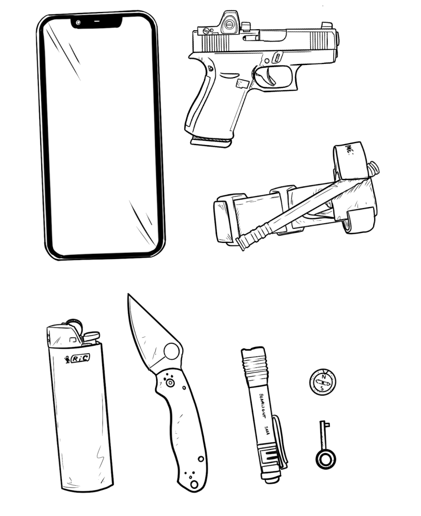 A typical collection of EDC items including a flashlight.